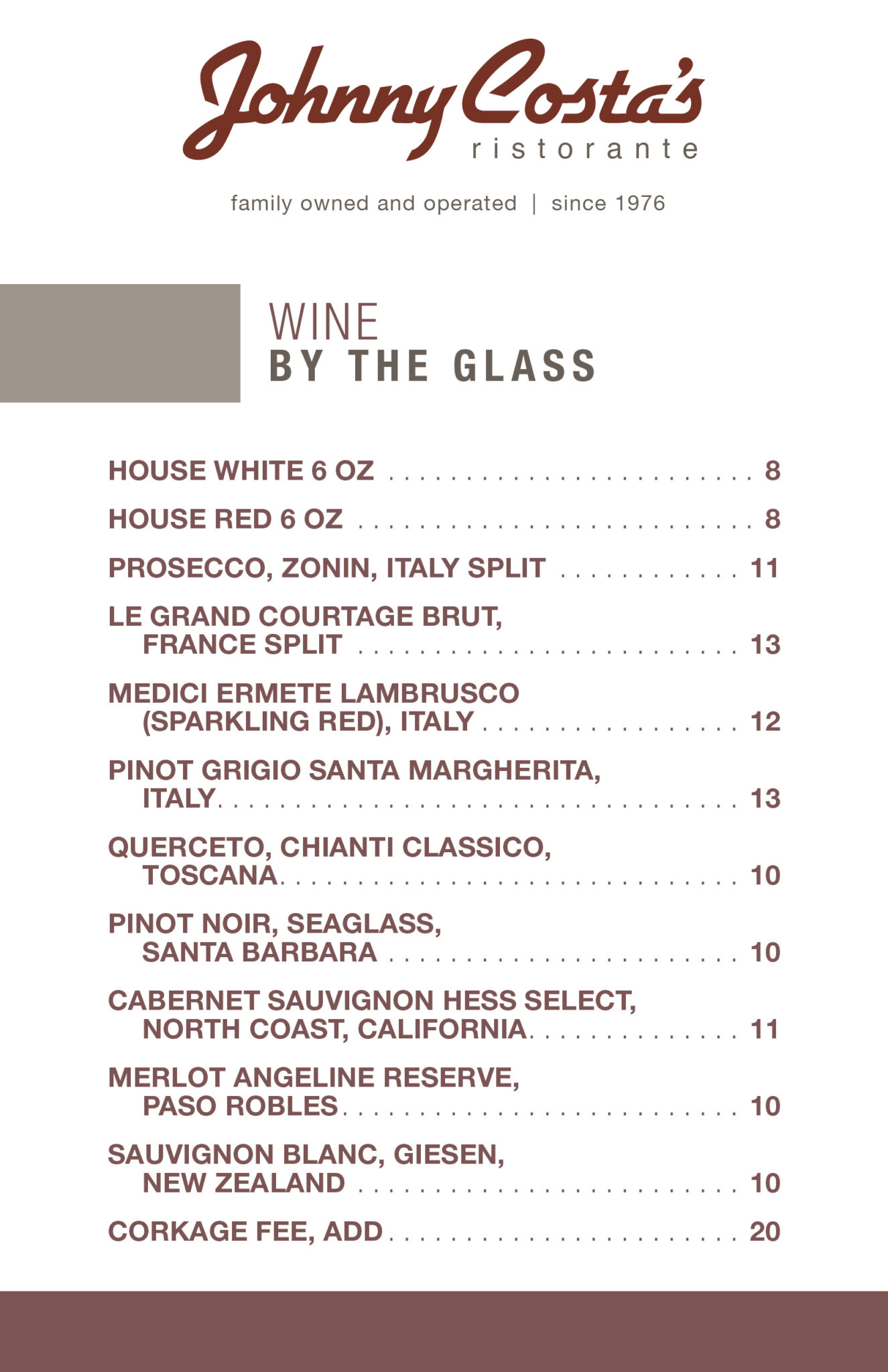 Palm Springs Wine Menu, Italian Restaurant Wine List Johnny Costas
