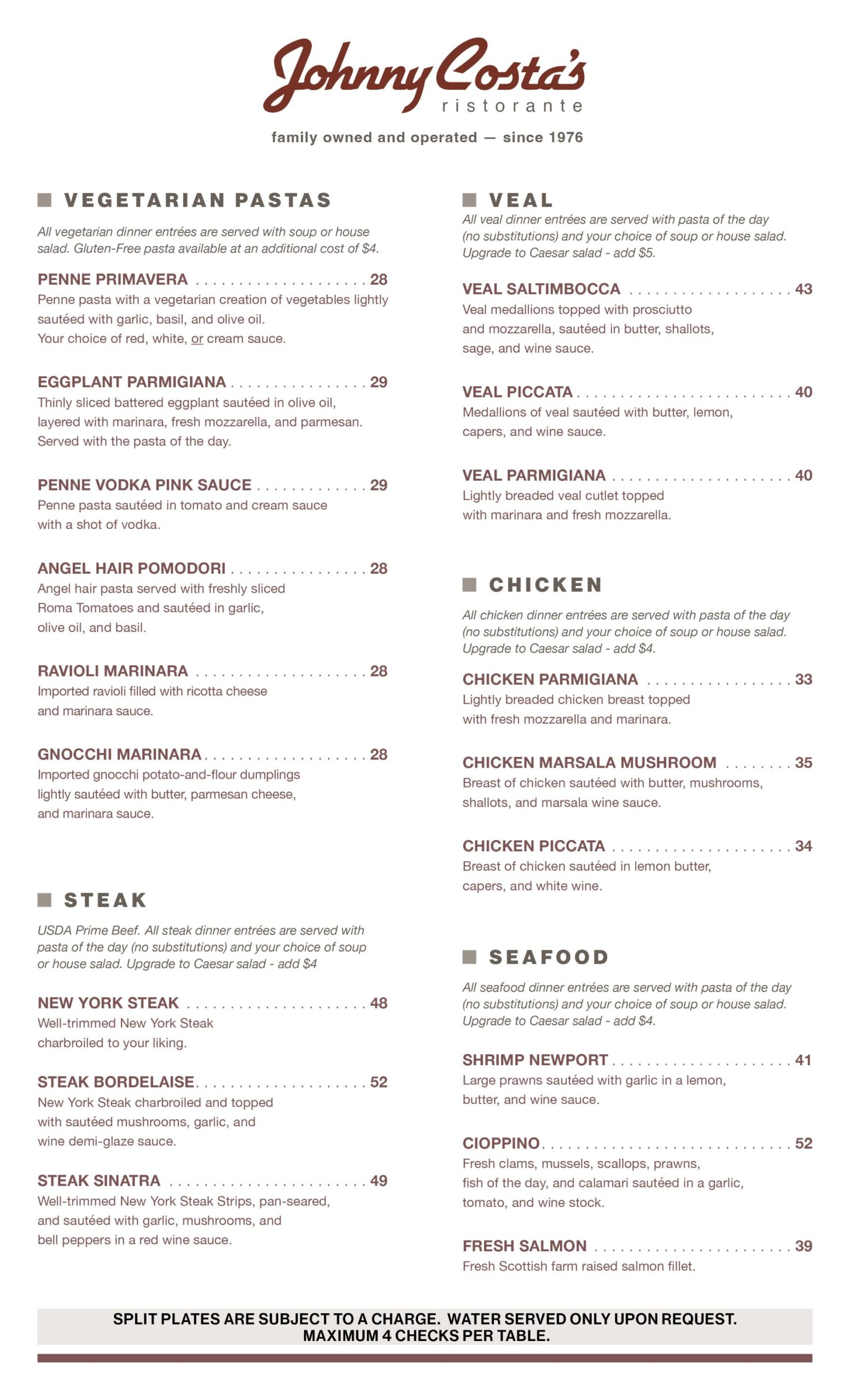 Johnny's Costas Menu