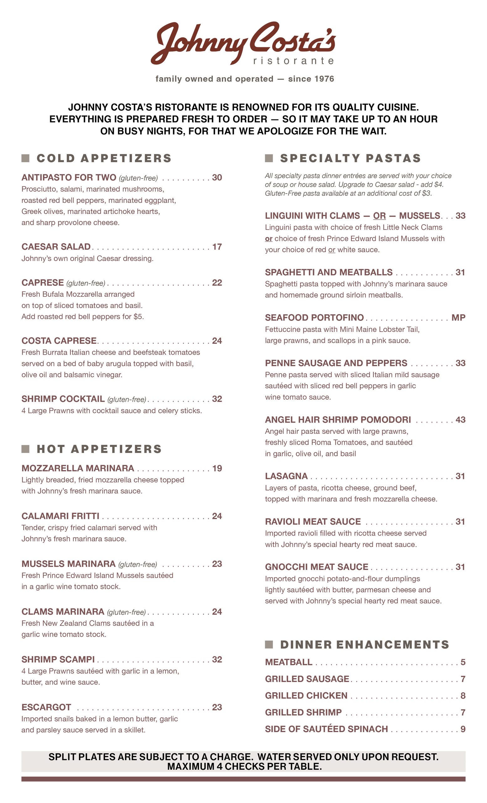 Johnny Costas Dinner Menu